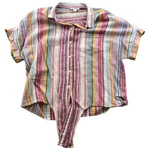 Beachlunchlounge Women's Linen Blend Blouse Medium Striped Multicolor Cropped